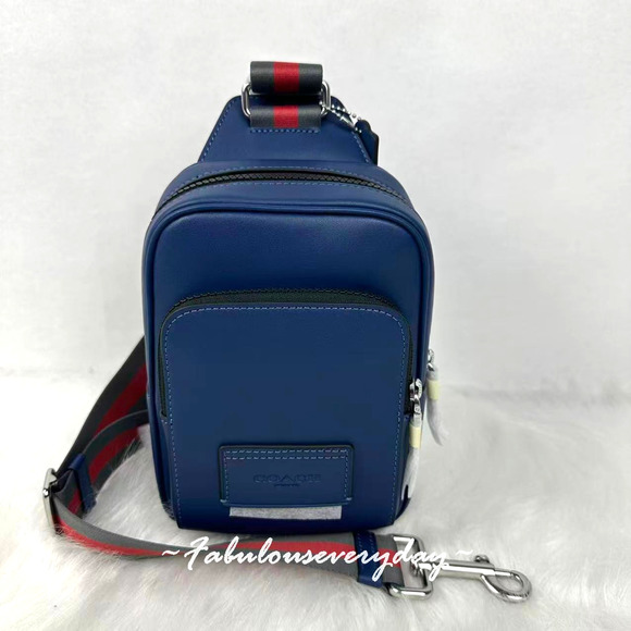 Coach Other - Coach Men's Racer Sling Pack With Varsity Stripe Webbing Leather/Deep Blue CDC85